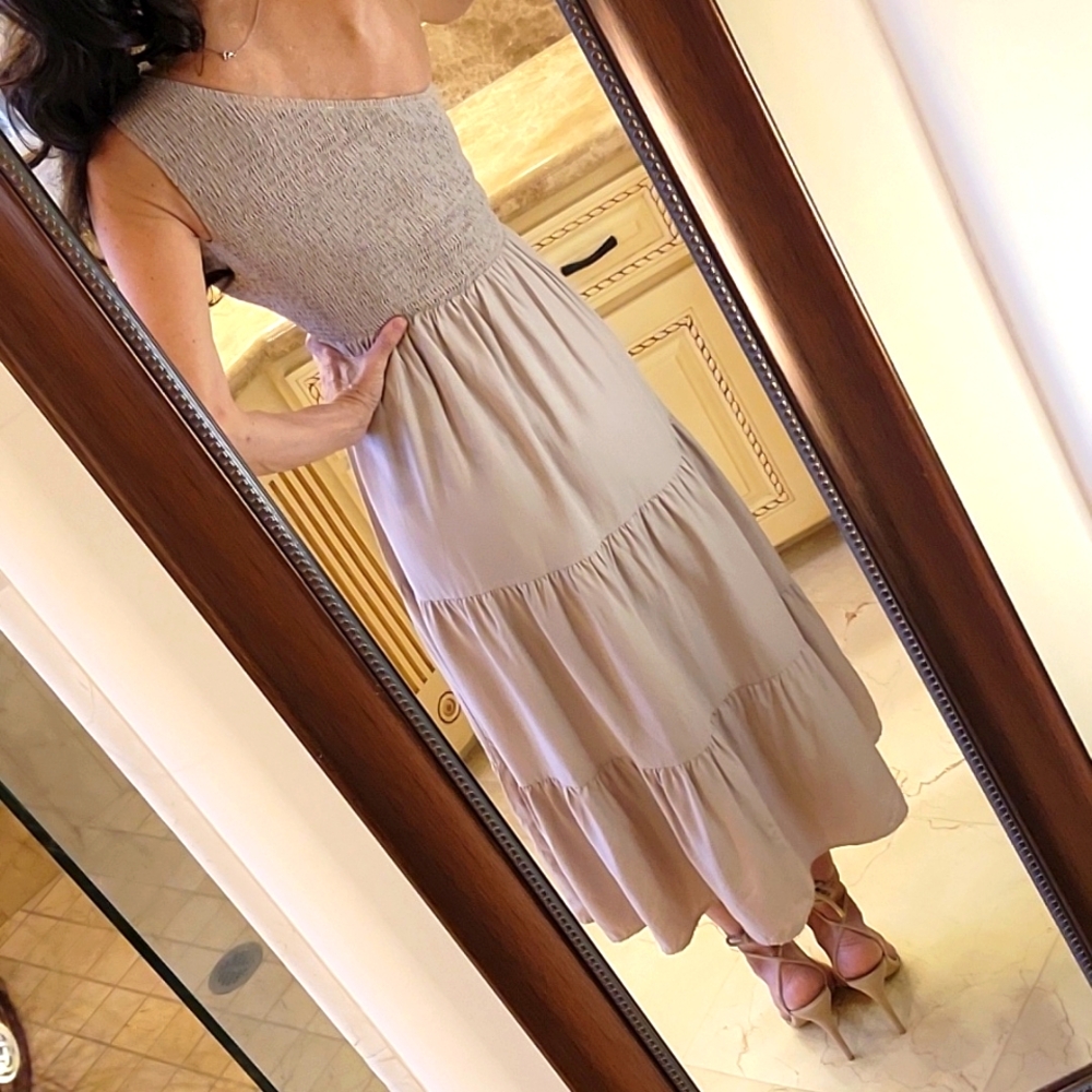 BTFBM Taupe One-shoulder Ruched Top & Flowy Tiered Bottom Summer Dress, S - Picture 14 of 14